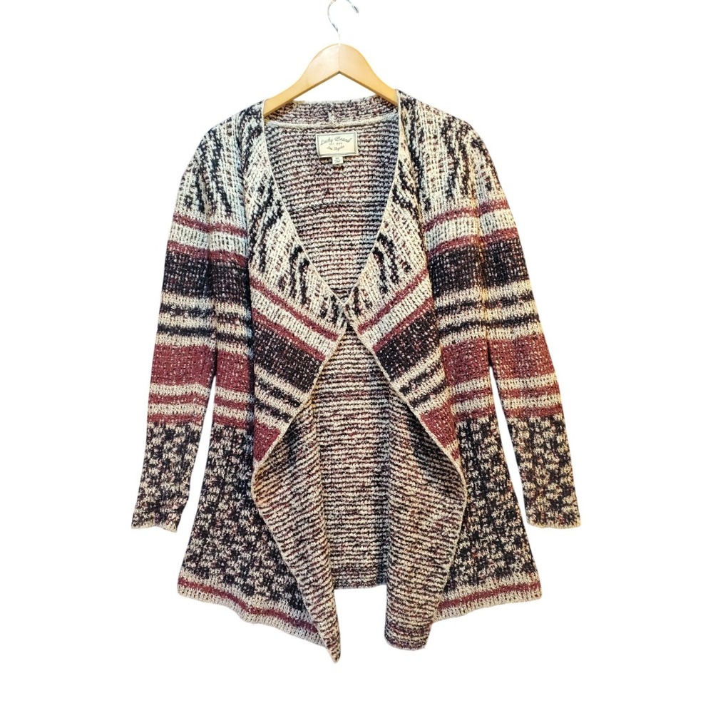 Lucky Brand Waterfall Cardigan Sweater Geometric Pattern Burgundy Boho Womens XS